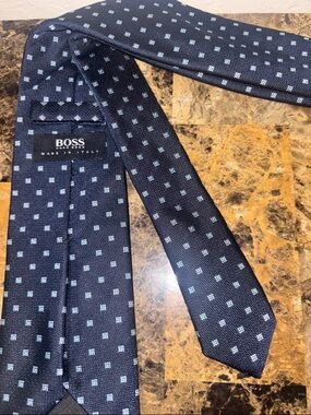 BOSS Navy Silk Tie with Light Blue Micro-Squares